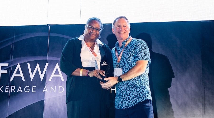 “Donna Titi and James Hudson of Titan FX on stage at the UF Global Awards 2023 in Limassol, Cyprus"