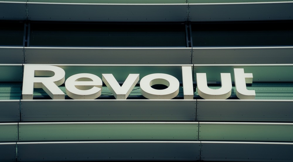 Revolut company logo signboard on modern office building in Vilnius, Lithuania on November 09, 2022