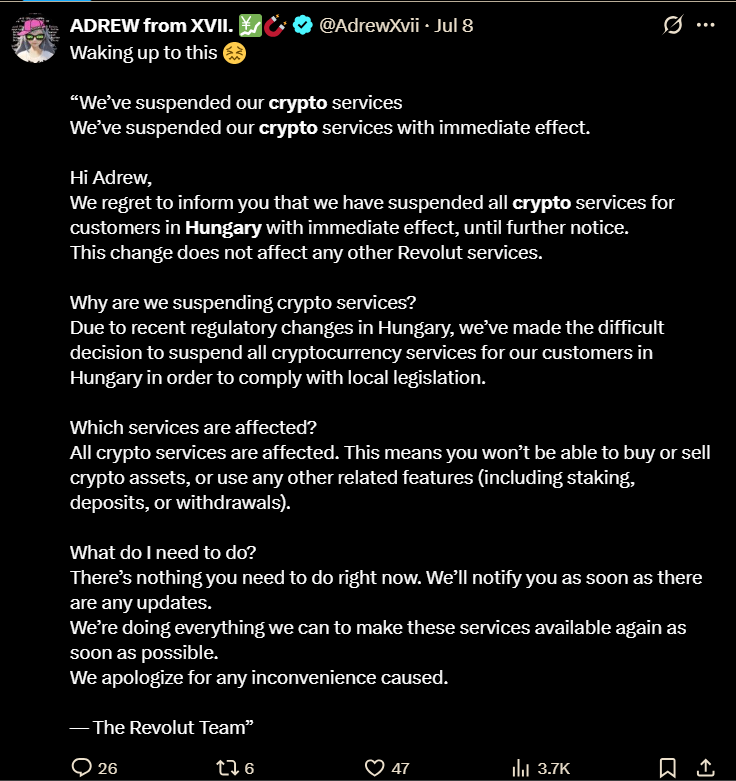 A Revolut customer in Hungary claiming to have received this message
