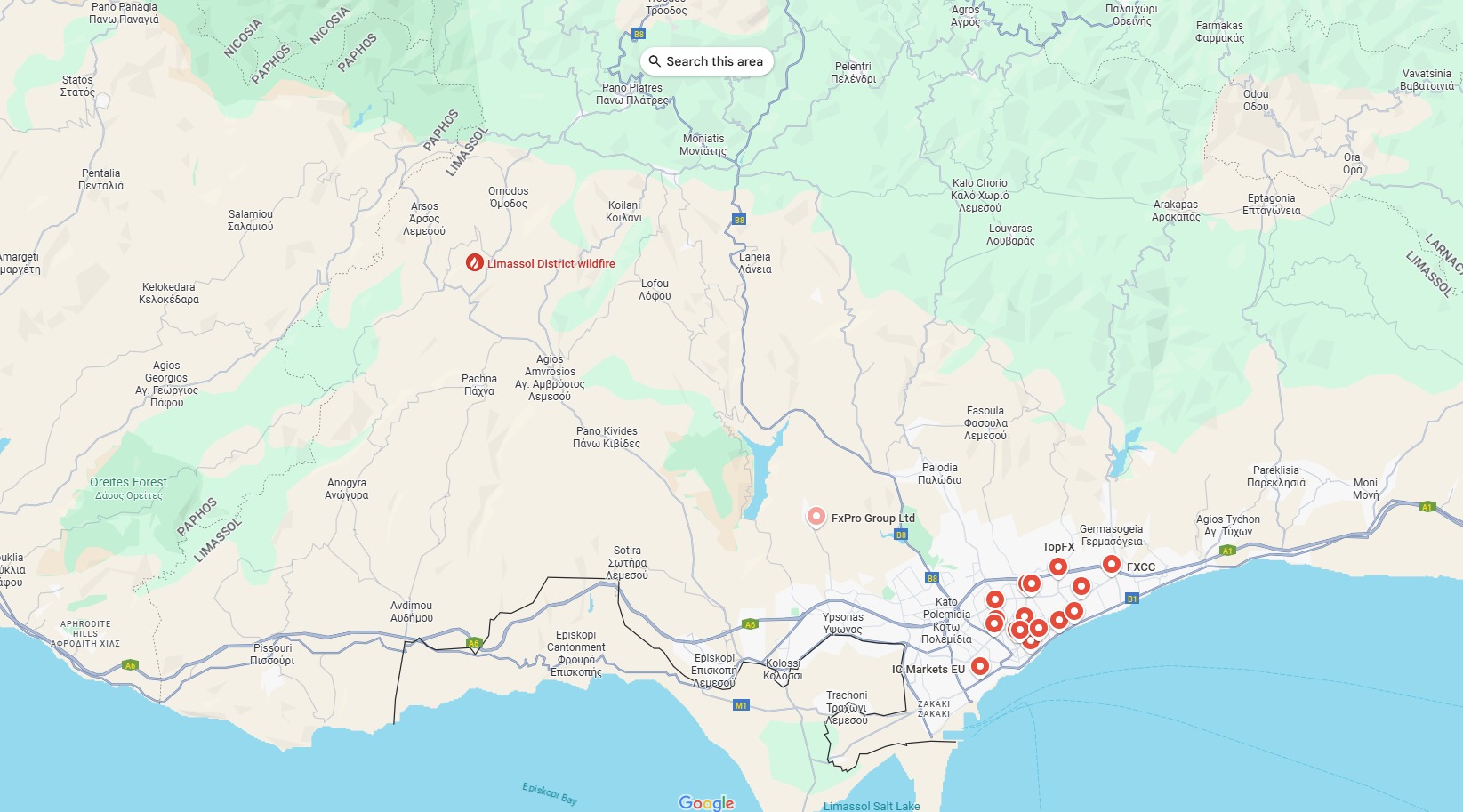 A map of southern showing locations of CFDs brokers and wildfire