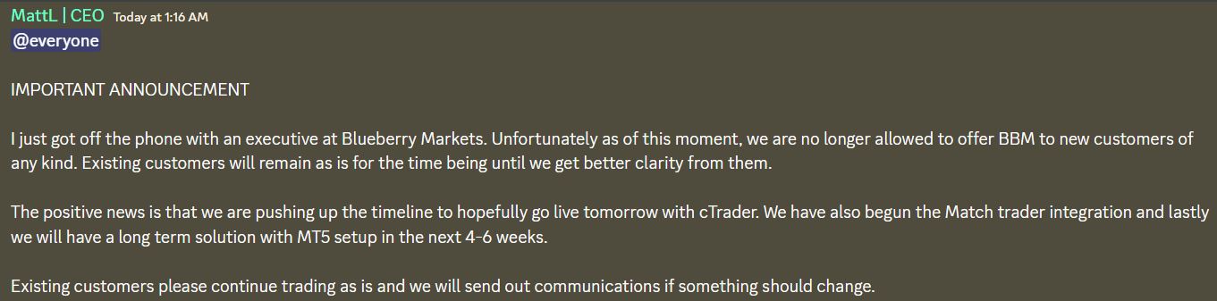 A message by MyFundedFX's CEO on the official Discord server