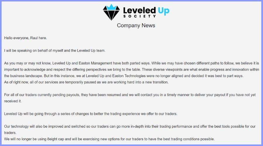 A message displayed on Leveled Up Society's website