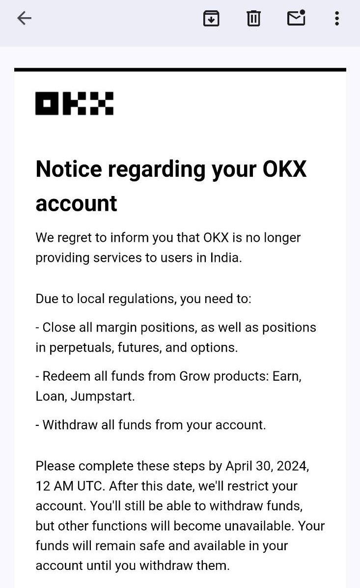 A notice by OKX to the users in India