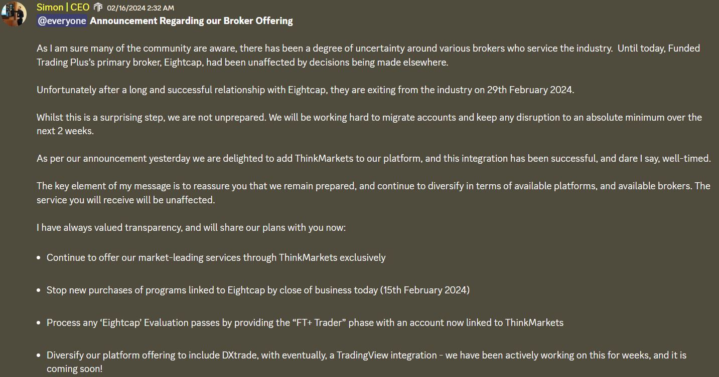 A notice on Funded Trading Plus' Discord server