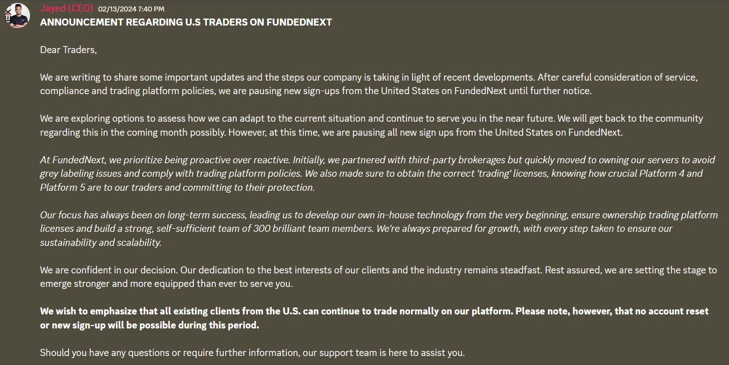 A notice on FundedNext's Discord server