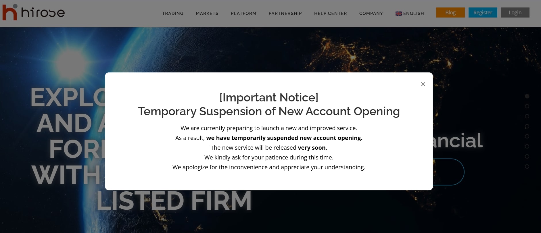 A notice on Hirose's offshore website homepage