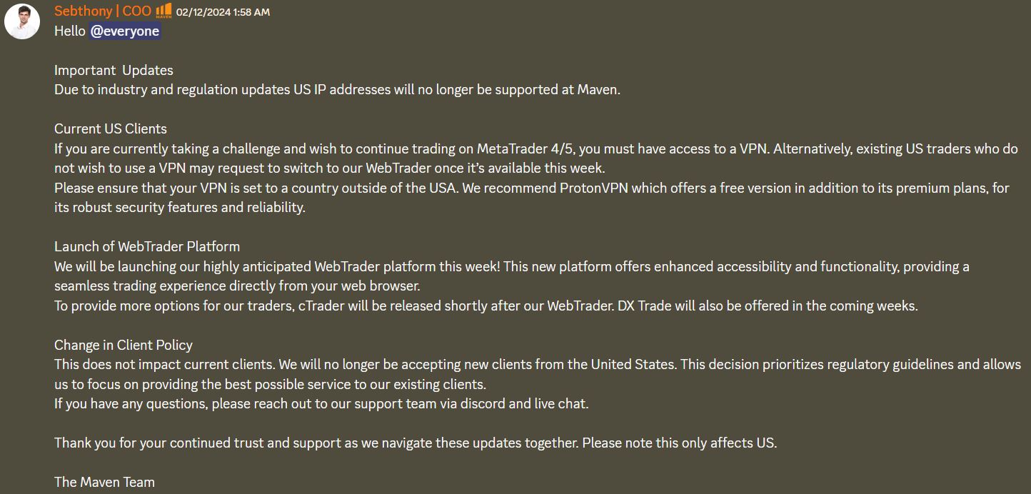 A notice on Maven Prop Trading's Discord channel