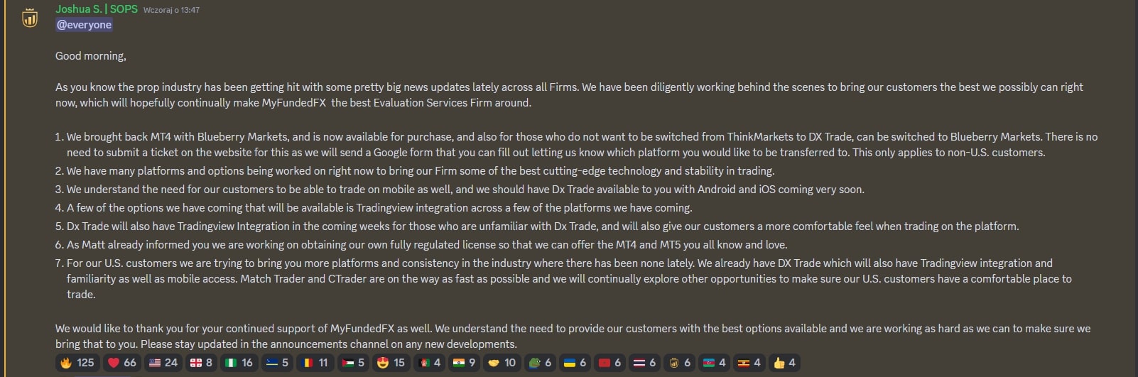 A notice on MyFundedFX's Discord server