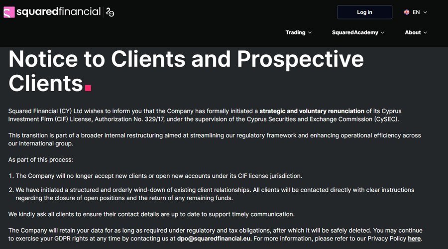 A notice on Squared Financial's CY website