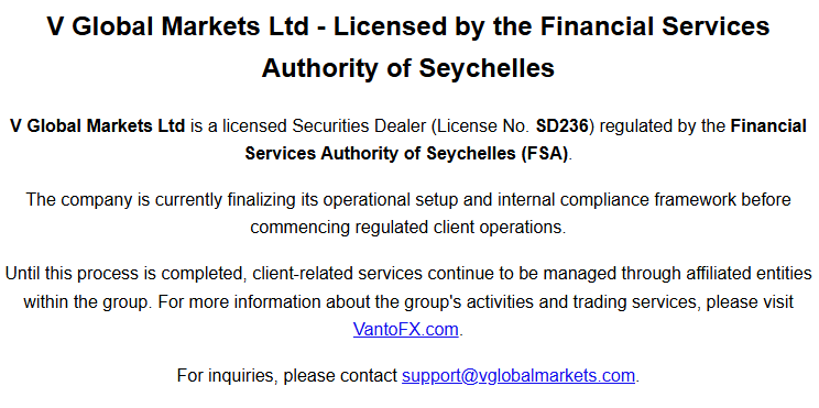 A notice on V Global Markets' website