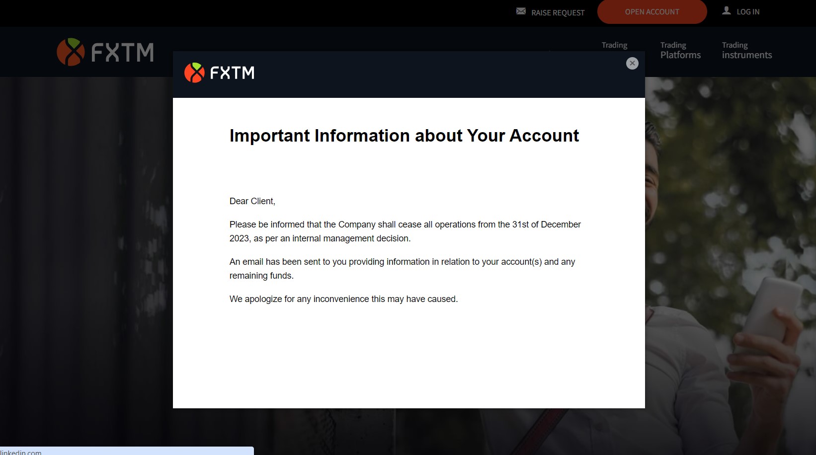 A notice on forextime.com/eu (it can be accessed only from EU)