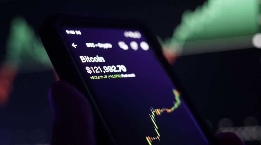 A phone showing bitcoin price chart with the price tag, bigger price chat in the background