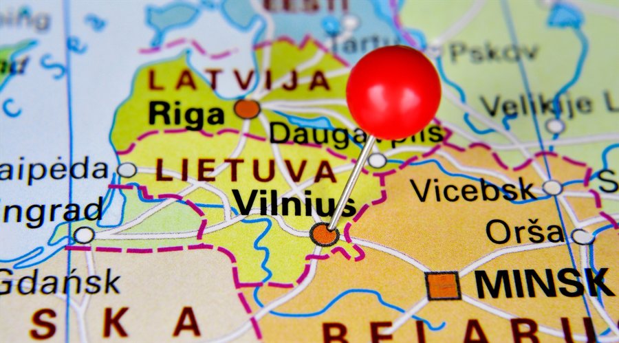A pin on the map marking Lithuania's capital Vilnius