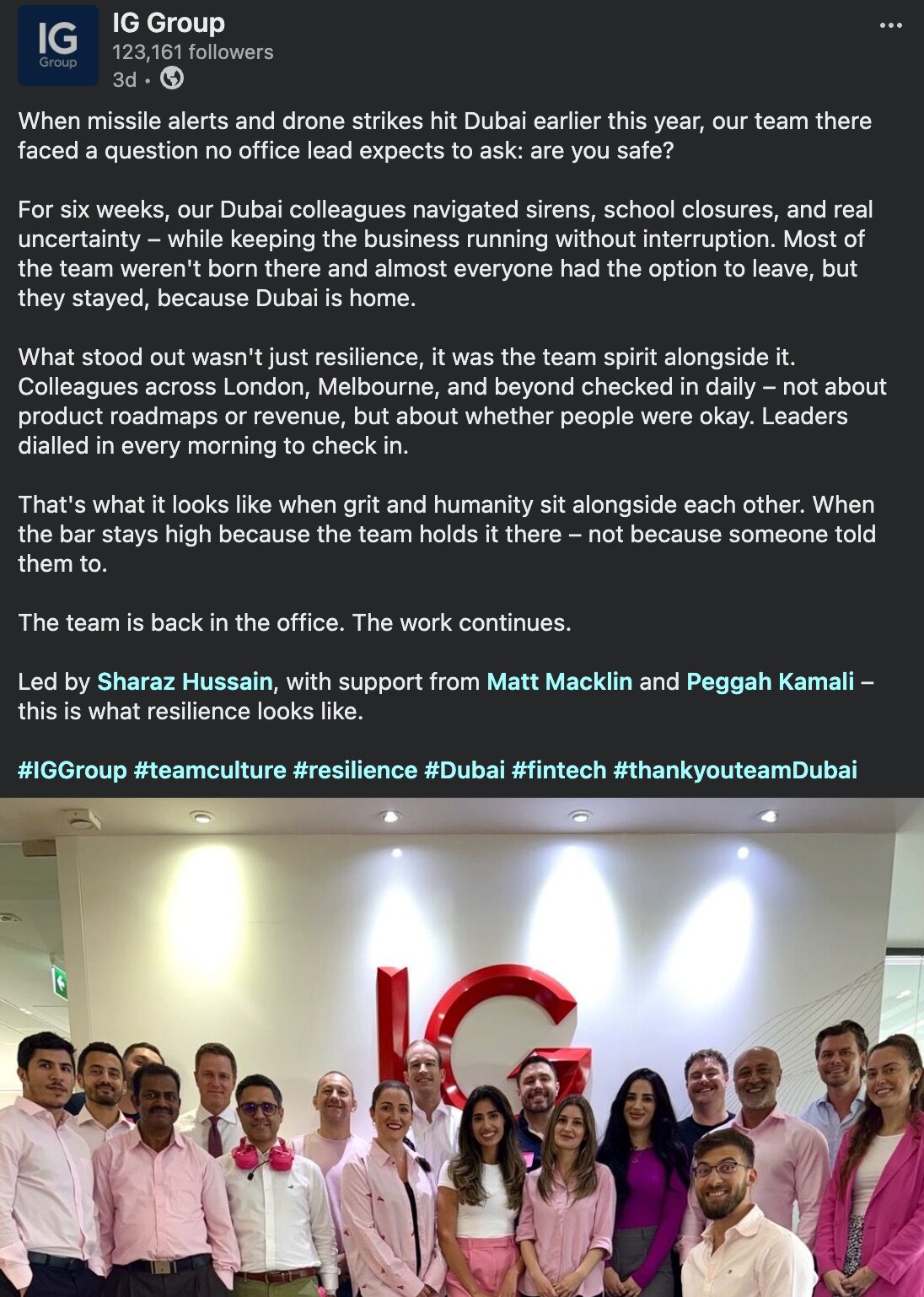 A post on IG Group's LinkedIn page