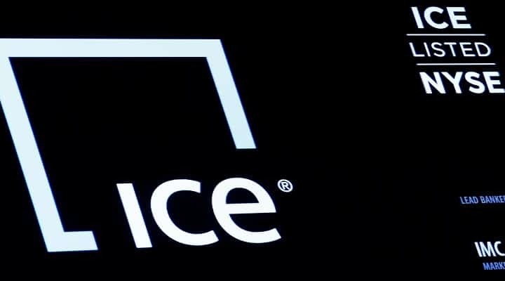 A screen displays the logo and ticker symbol for ICE