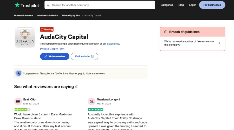 A screenshot of AudaCity Capital's Trustpilot page