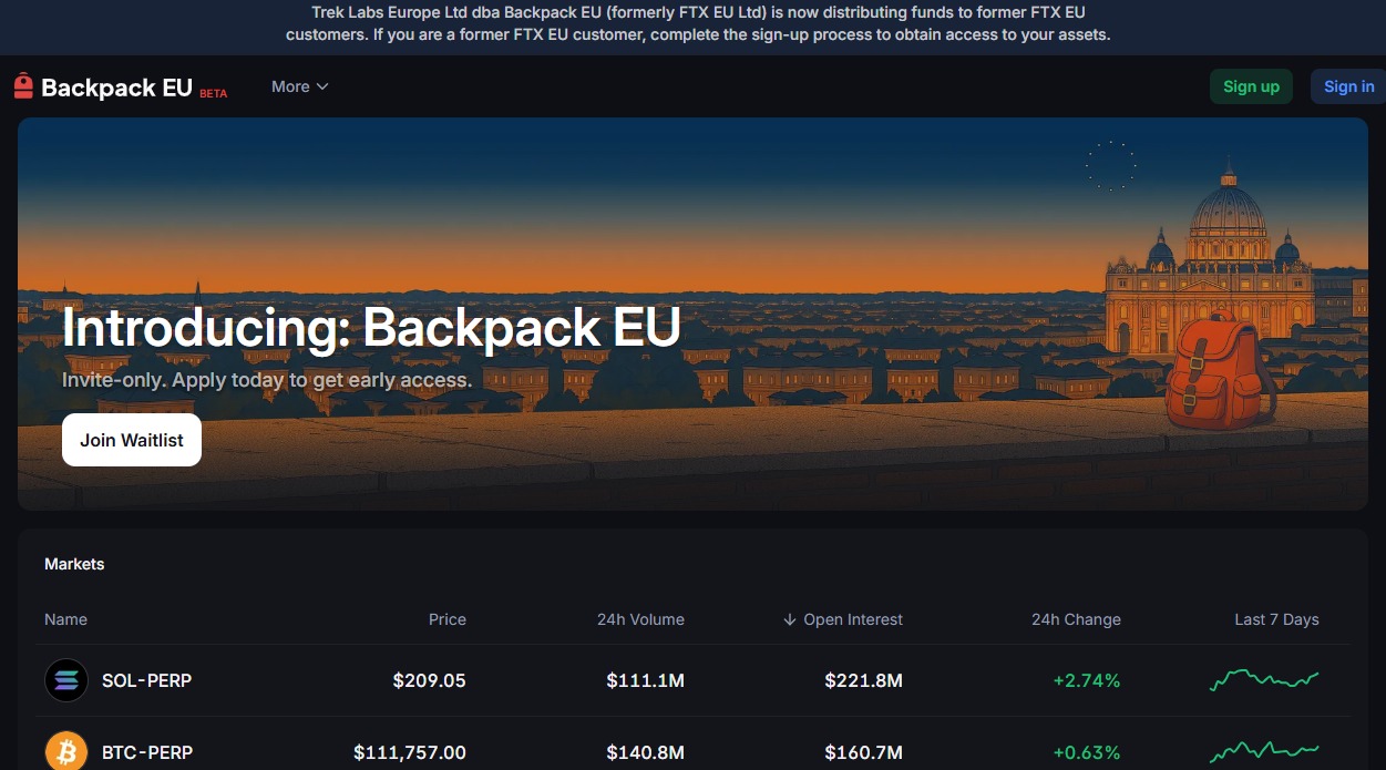 A screenshot of Backpack EU's website