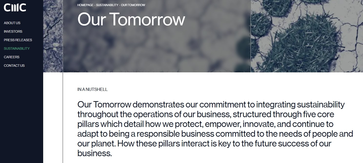 A screenshot of CMC Markets website's sustainability section