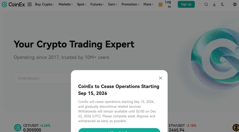 A screenshot of CoinEx homepage