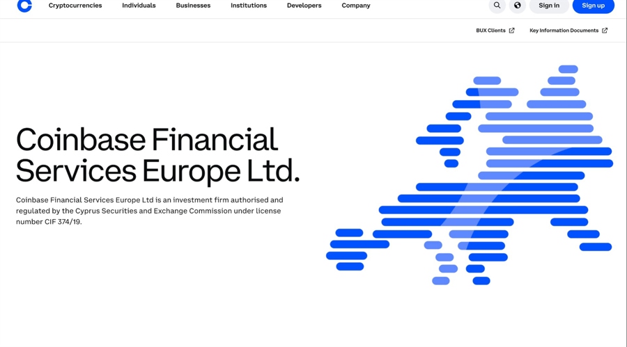 A screenshot of Coinbase Cyprus website