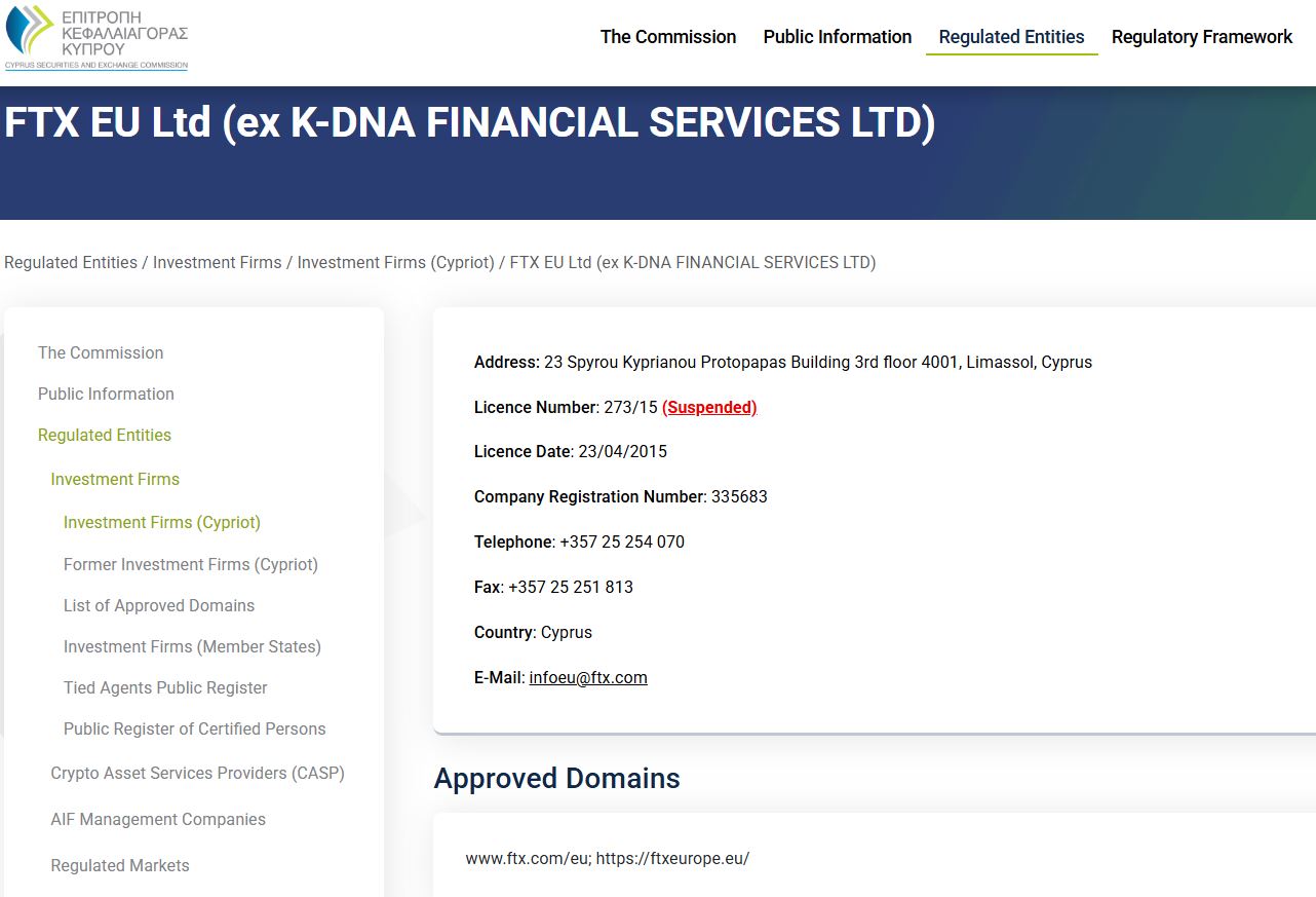 A screenshot of FTX EU's license on CySEC registry