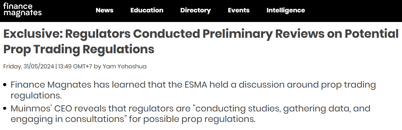 A screenshot of FinanceMagnates.com exclusive article on ESMA's prop trading regulation check
