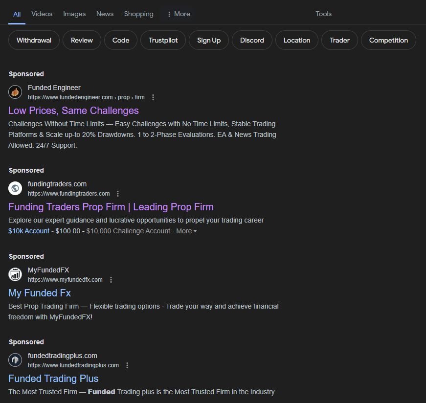 A screenshot of Goggle search Ads ran by TFFs