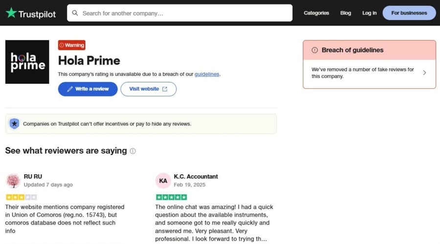 A screenshot of Hola Prime's Trustpilot profile