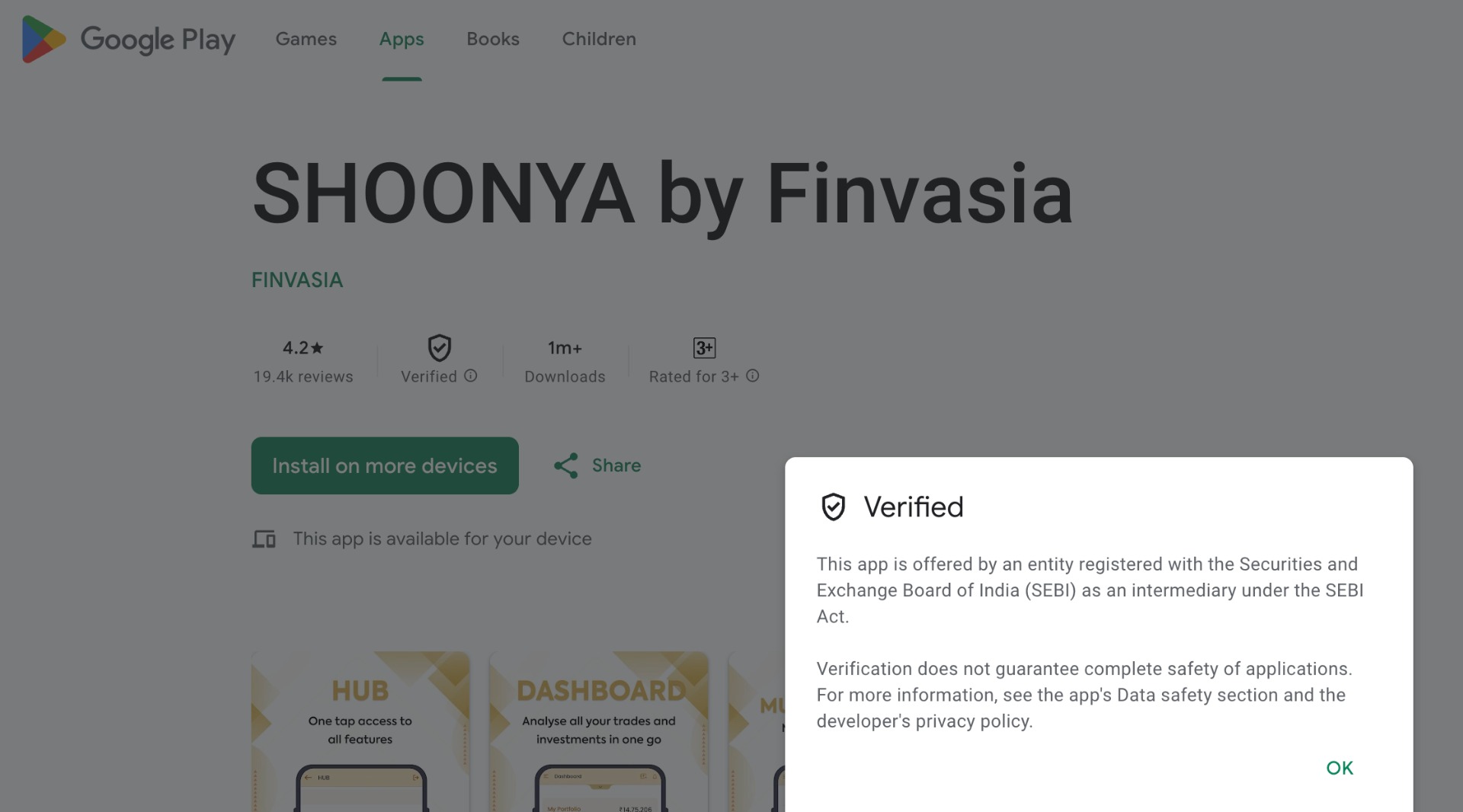 A screenshot of Indian Play Store showing the "verified" label on one app