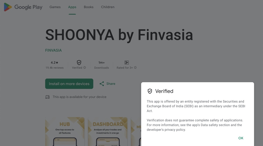 A screenshot of Indian Play Store showing the "verified" label on one app