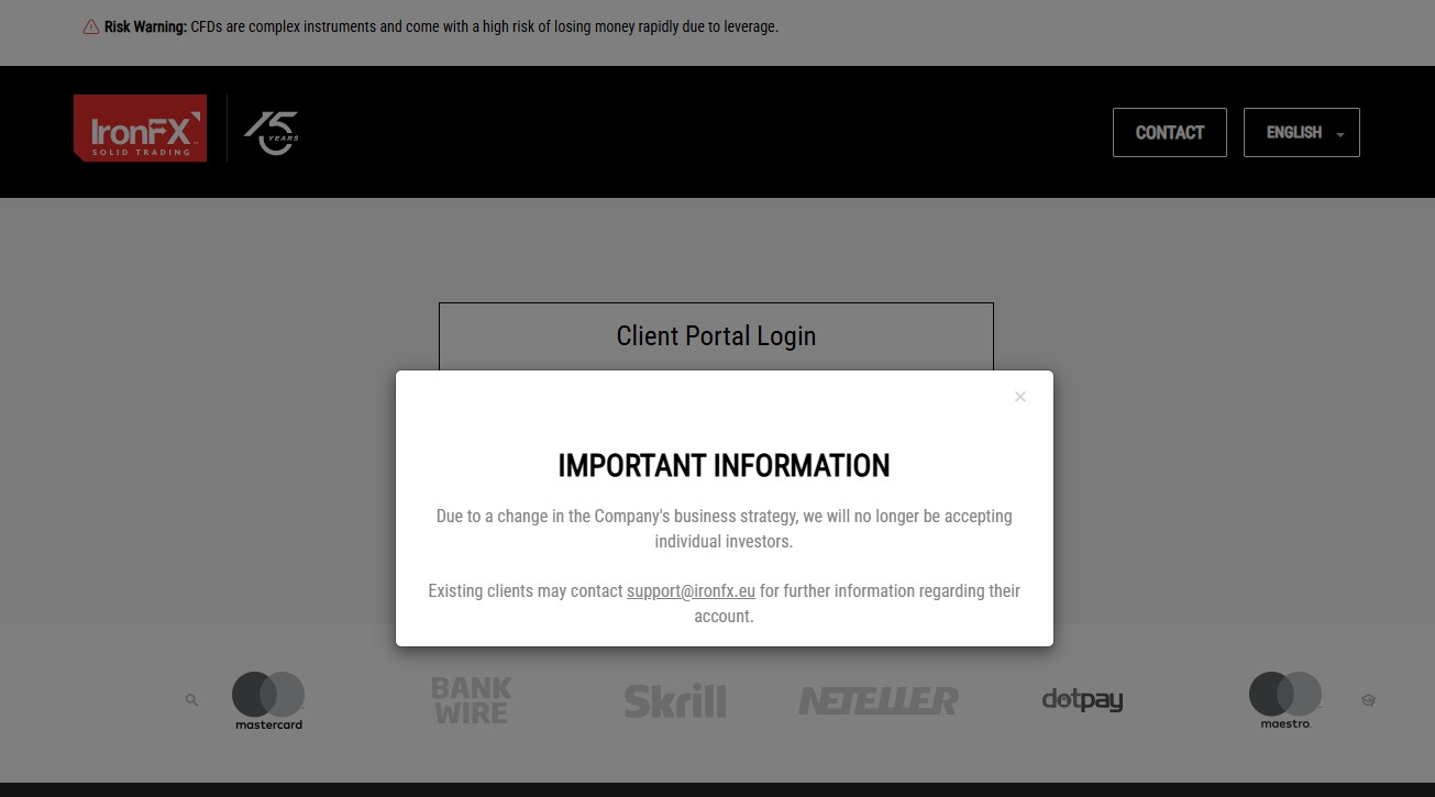 A screenshot of IronFX EU website