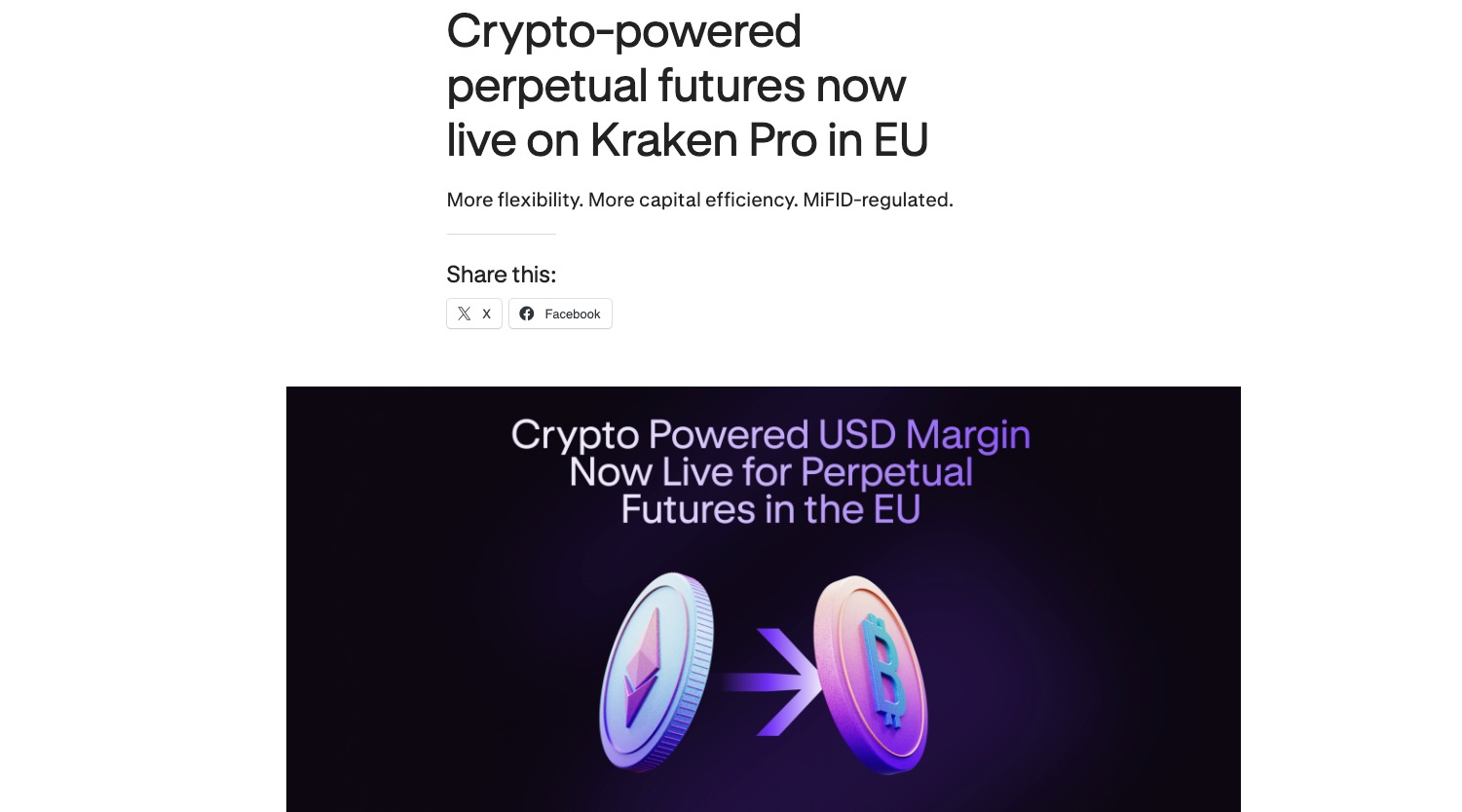 A screenshot of Kraken's announcement of perps launch in the EU