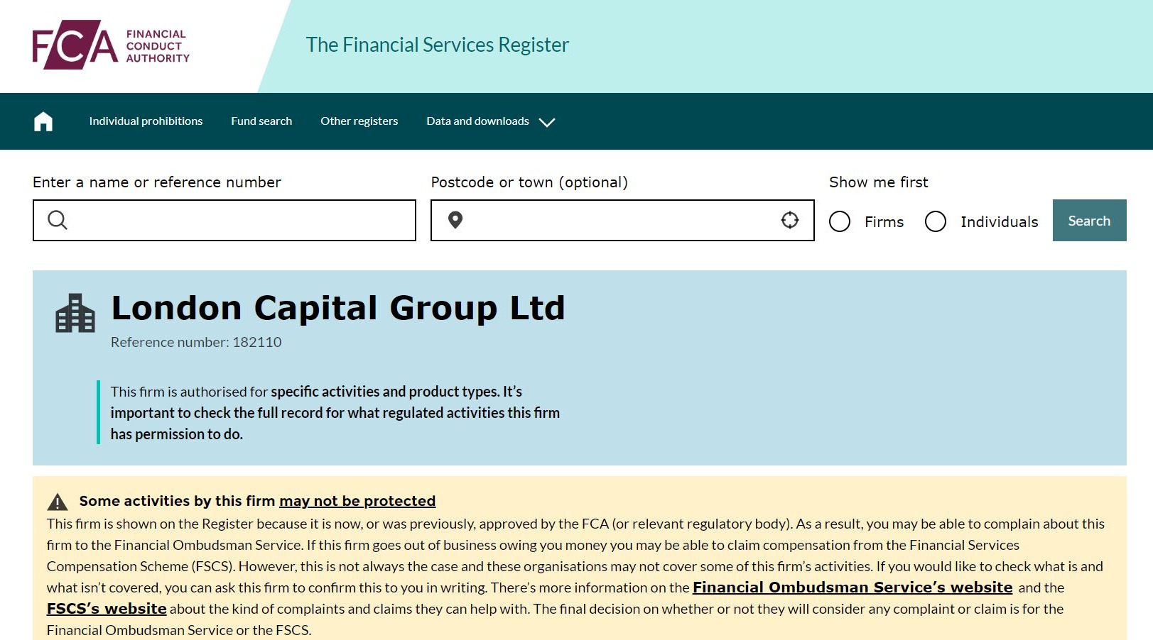 A screenshot of London Capital Group Ltd's license at FCA registry