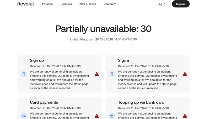 A screenshot of Revolut's service status page