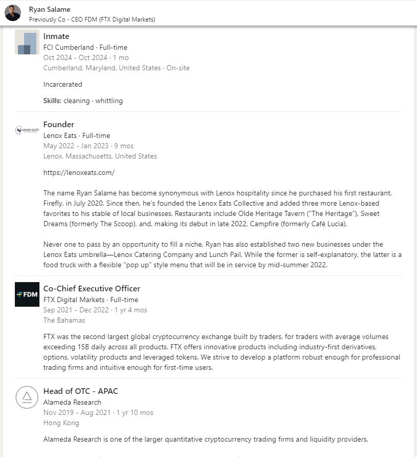A screenshot of Ryan Salame's professional roles he added on LinkedIn