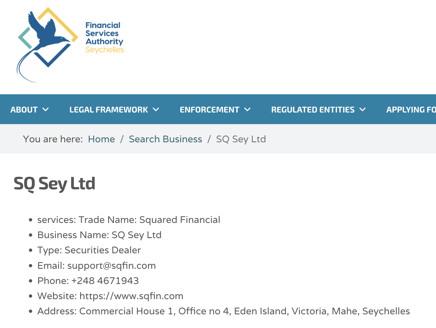 A screenshot of SQ Sey Ltd's license on FSA Seychelles' register
