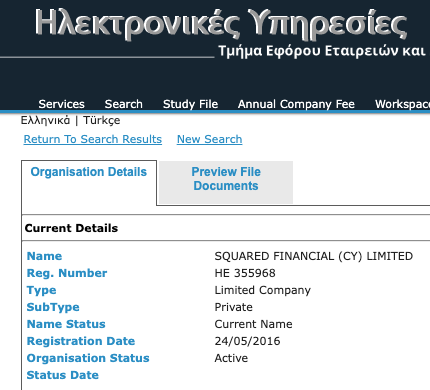 A screenshot of Squared Financial's CY entity on the island's business register