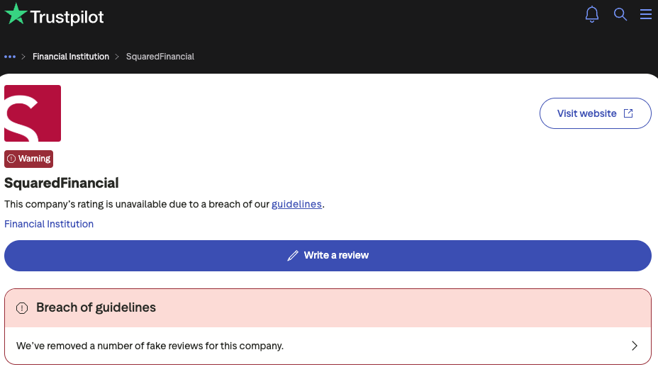 A screenshot of Squared Financial's Trustpilot page