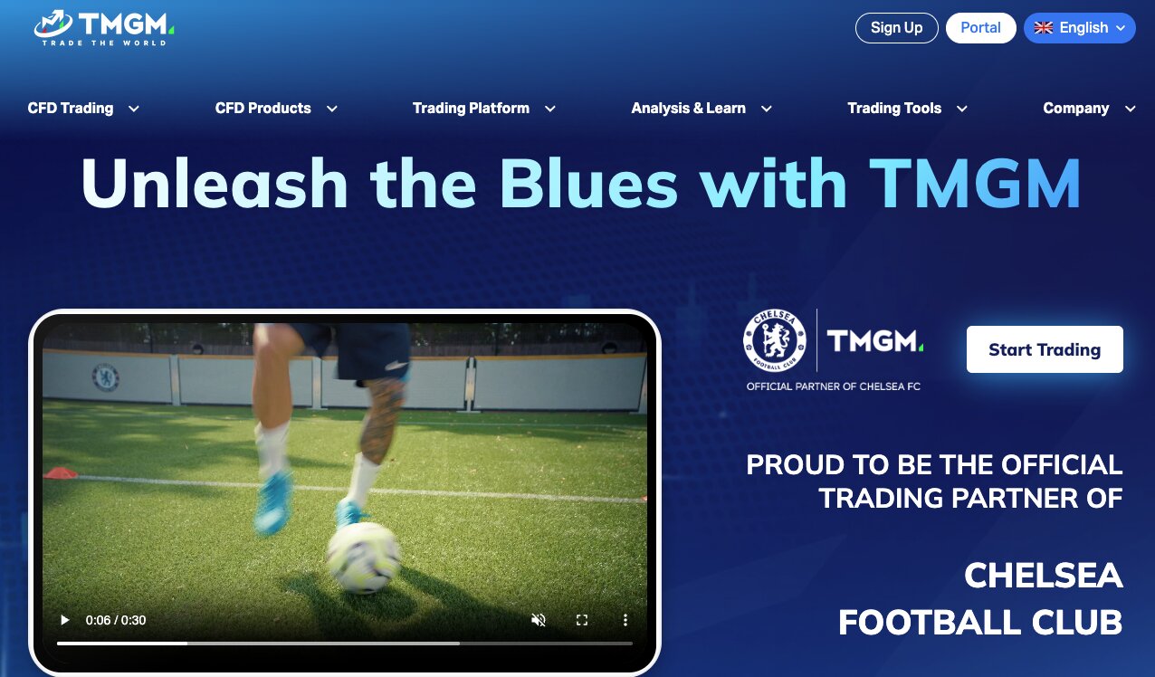 A screenshot of TMGM's website mentioning its Chelsea partnership
