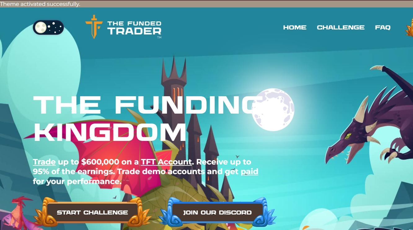 A screenshot of The Funded Trader website with the "theme activated successfully" label