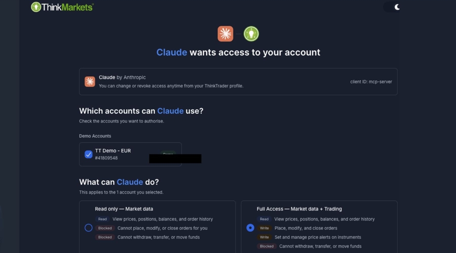 A screenshot of ThinkMarkets' Chelsea MCP server access page