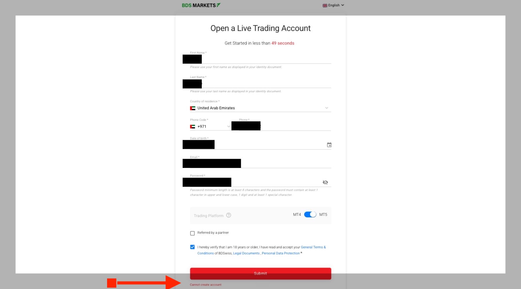 A screenshot of new signup page on BDSwiss