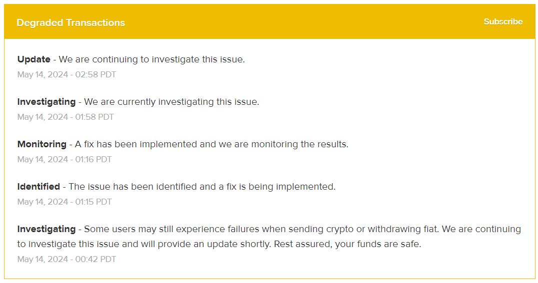 A screenshot of status page of Coinbase
