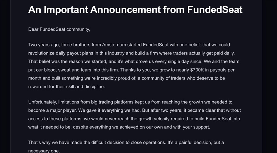 A screenshot of the closure announcement on FundedSeat website