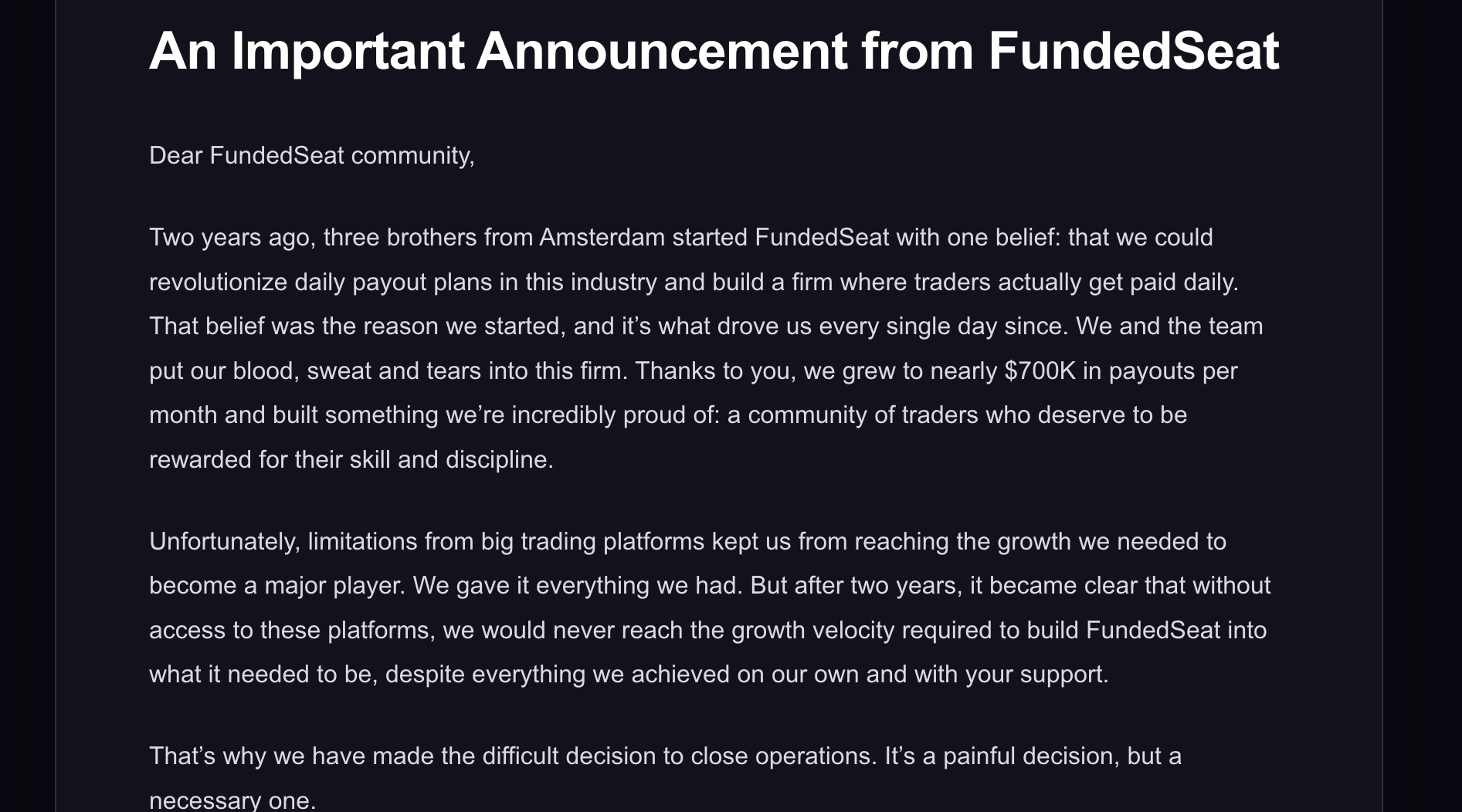 A screenshot of the closure announcement on FundedSeat website