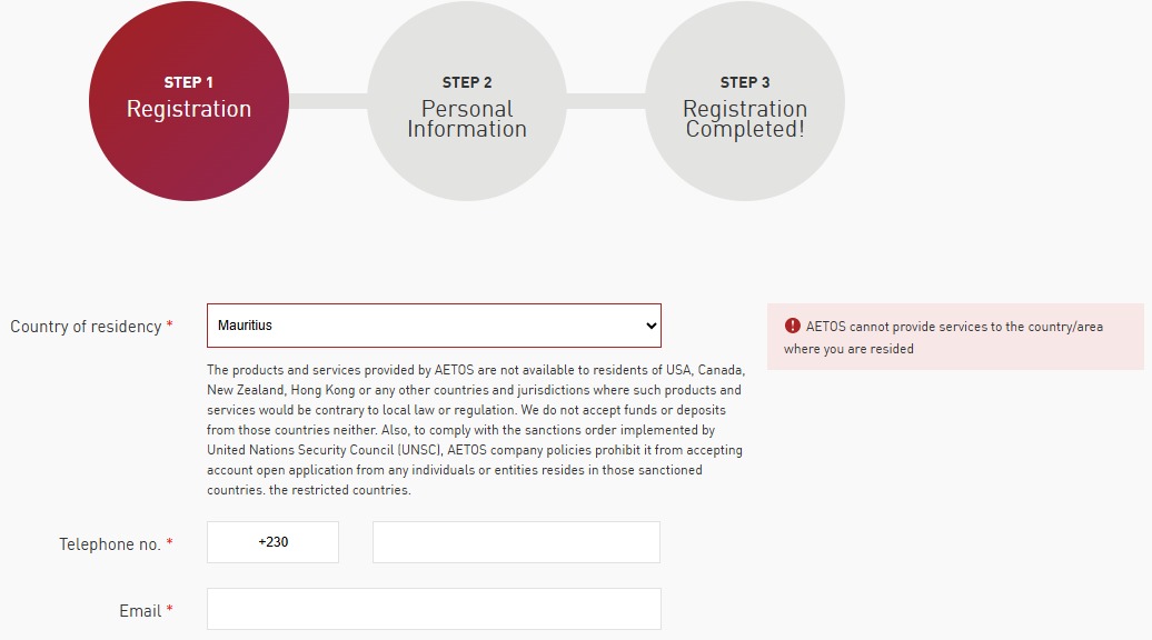 A screenshot of the new registration page of the AETOS website