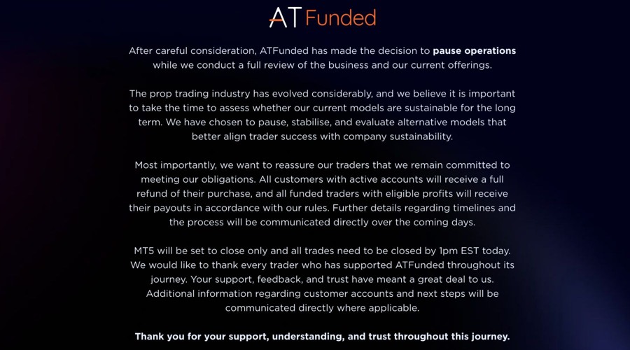 A screenshot of the notice on ATFunded's website