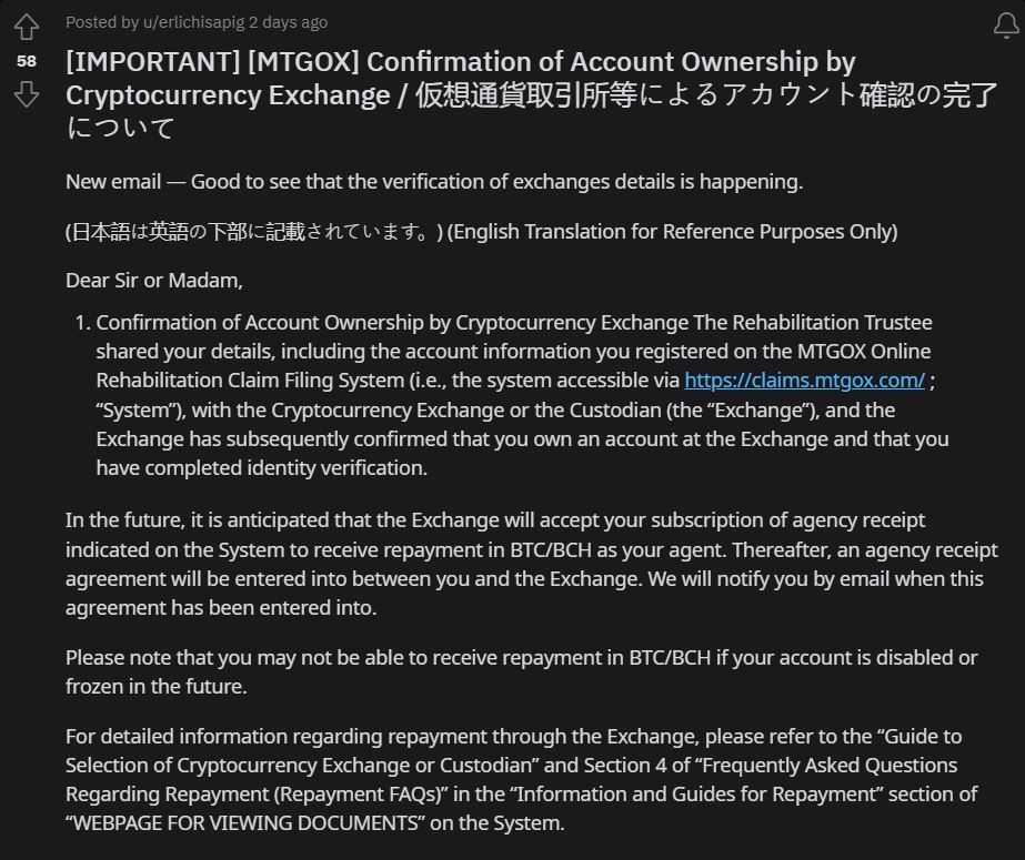 A screenshot of the subreddit post by a Mt. Gox creditor