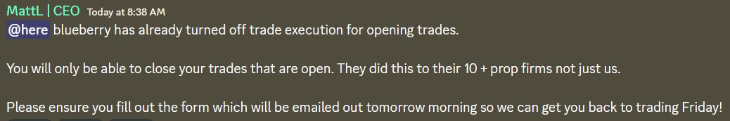 An announcement by the CEO of MyFundedFX on official Discord server
