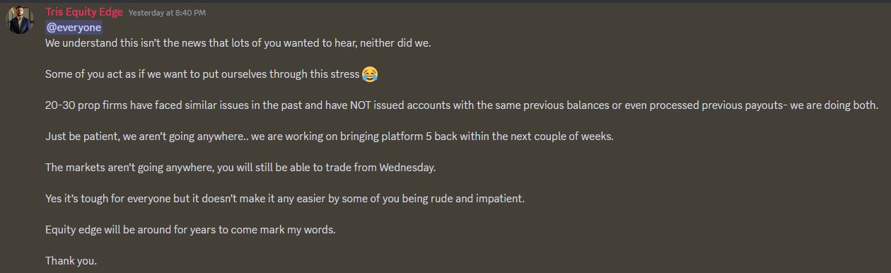 An announcement on Equity Edge's Discord server